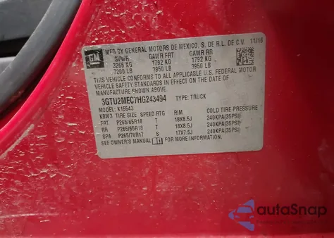 2017 GMC Sierra 1500 Sle from USA, damaged, VIN 3GTU2MEC7HG243494